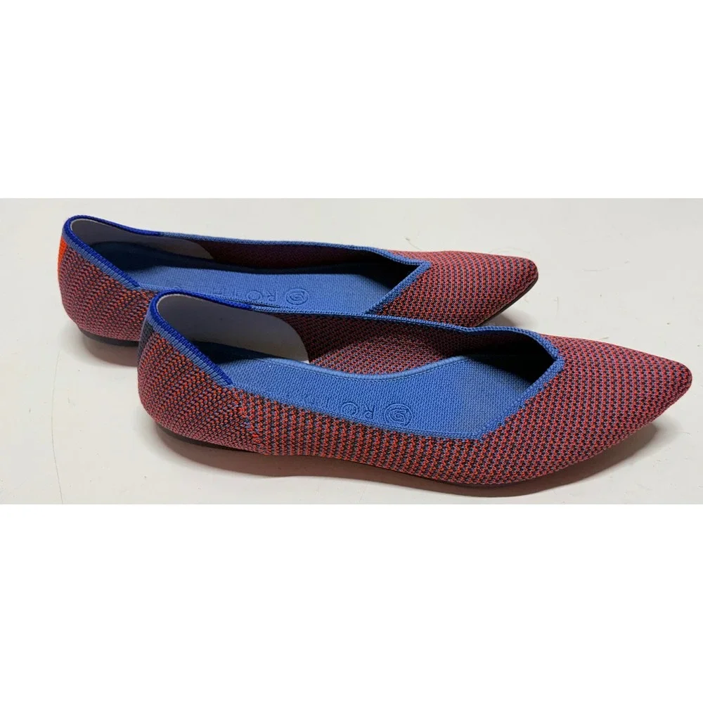 Rothys The Point‎ Flats Womens 8.5 Red Blue Pointed Toe Tangerine Triple Stitch